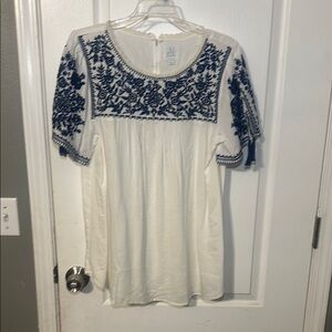 White and Blue Embellished Puff Sleeve Blouse